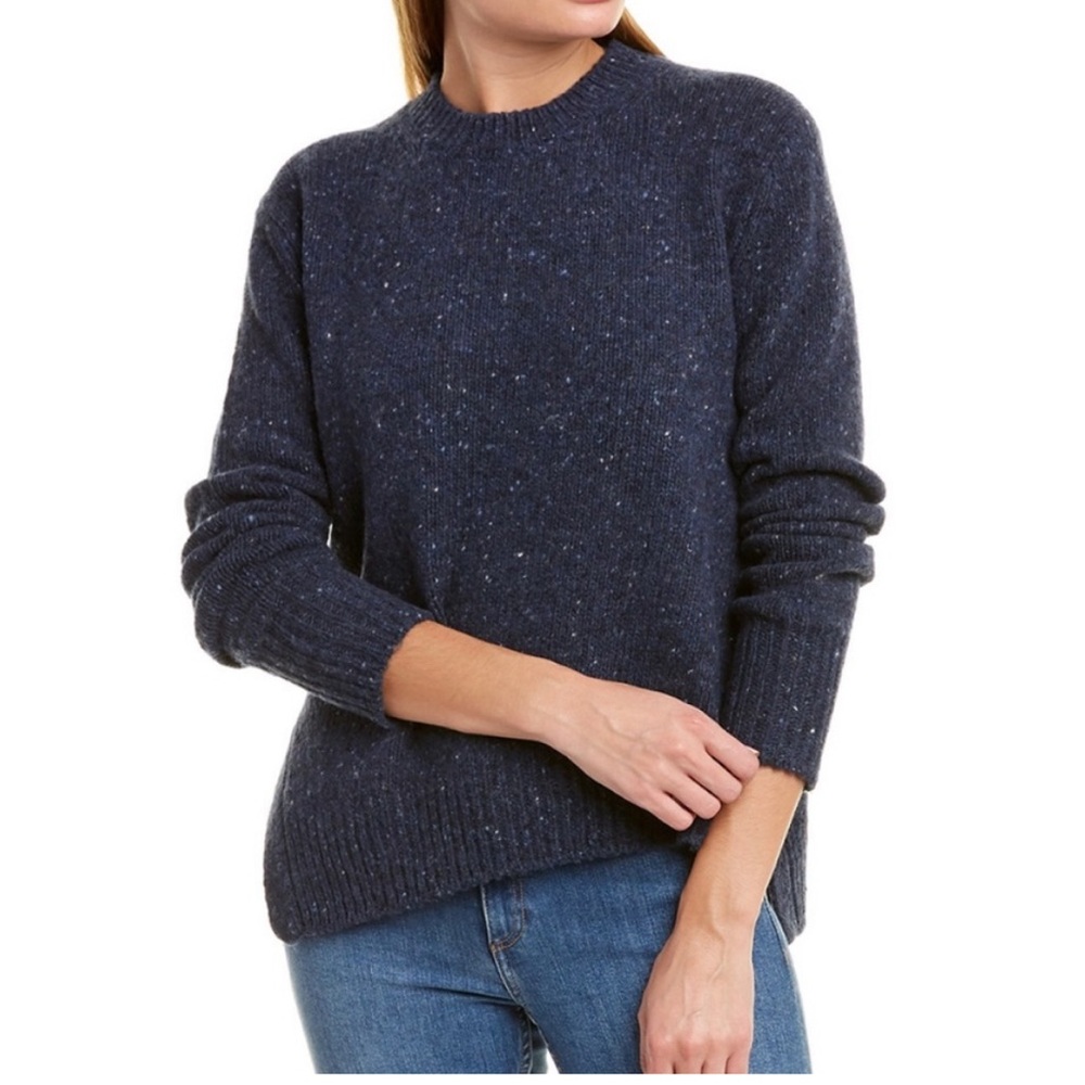 Vince Crew Neck Knit Sweater w/ Asymmetric Split Hem Speckled Marine Navy Blue